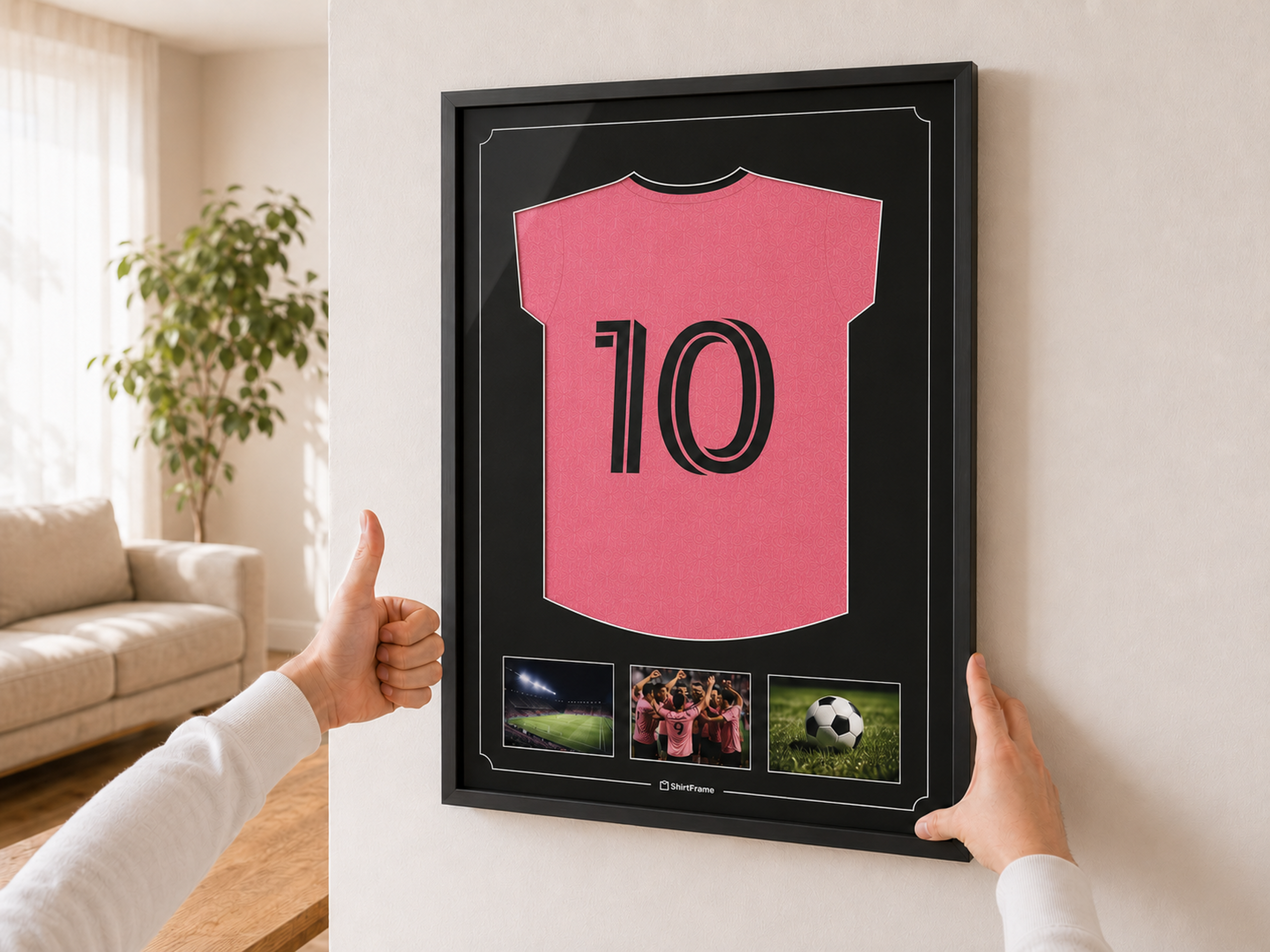 ShirtFrame mit gerahmtem Sportshirt hängt sauber an der Wand